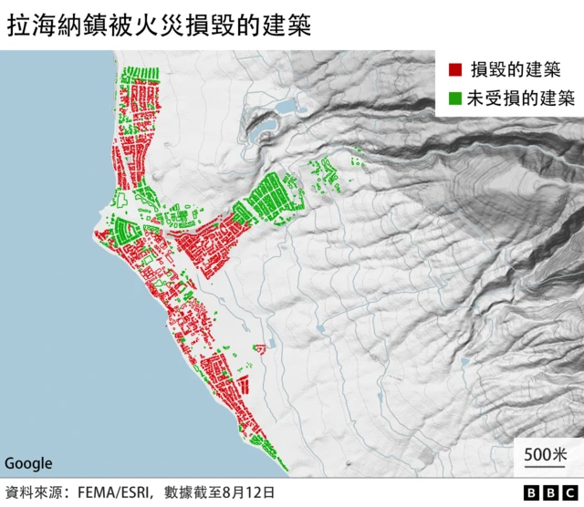 地圖：夏威夷毛伊島拉海納鎮被火災損毀的建築