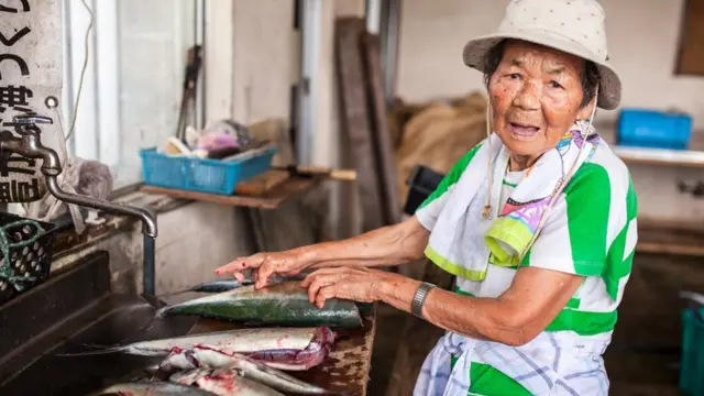 Idosa japonesa limpa peixes