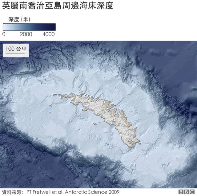 衛星圖片：英屬南喬治亞島周邊海牀深度