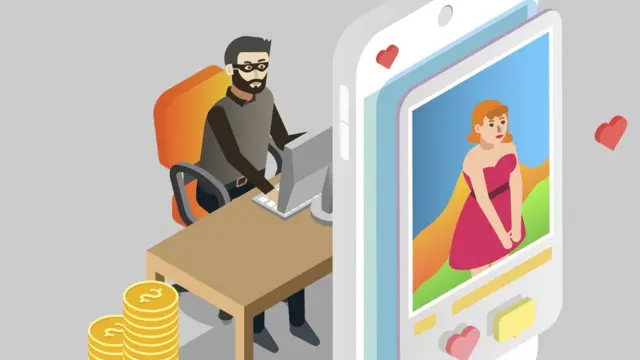 ilustracao mostra um golpista em um laptop olhando o perfil de uma moca no tinder