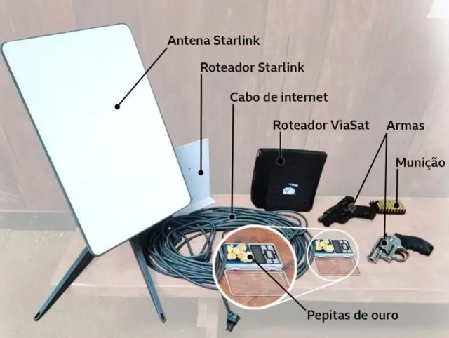 Ouro, armas, munição pesada e antenas Starlink apreendidas pelas forças de segurança brasileiras em áreas de garimpo ilegal