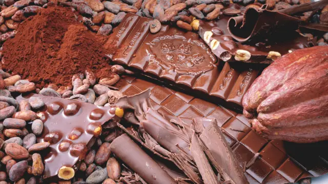 Vários pedaços de diferentes tipos de chocolate e fruto de cacau.