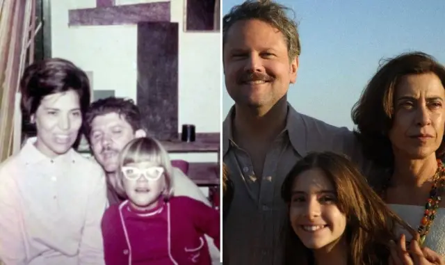 Montagem de fotografia de família com casal e sua filha ao lado de still de filme com atores brancos interpretando a mesma família