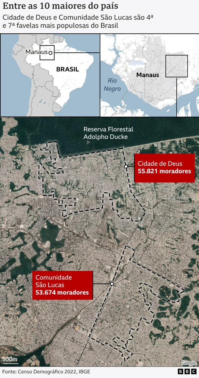 Infográfico com localização de favelas em Manaus