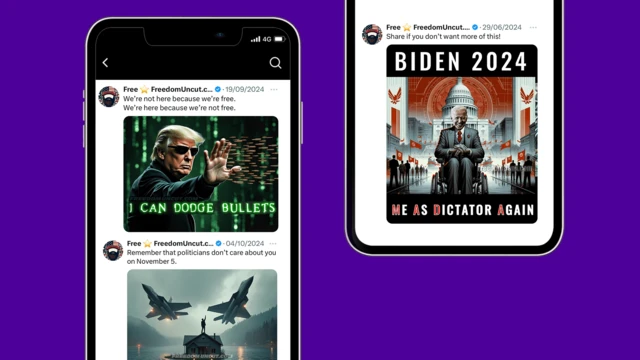 Dois celulares exibindo postagens do Freedom Uncut no X. Uma com Donald Trump como Neo do filme Matrix com o slogan 'Eu posso desviar de balas', na parte de baixo uma pessoa no telhado de uma casa inundada e caças sobrevoando. Na tela do outro, o presidente Biden em cadeira de rodas com o Capitólio dos EUA ao fundo com dizeres "Eu, novamente como ditador"