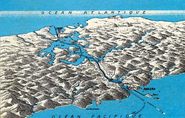 Mapa do Canal do Panamá, construído entre 1881 e 1914 no istmo do Panamá