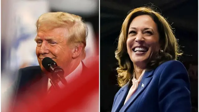 Colagem com fotos de Trump e Kamala sorrindo em eventos