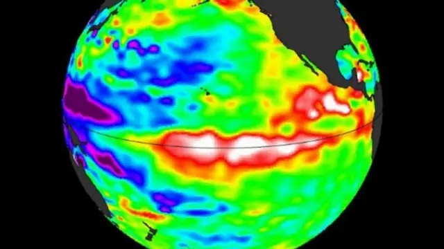 Globo terrestre com diferentes cores ilustrando a temperatura dos oceanos