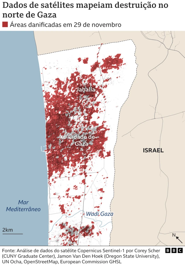 Mapa mostra danos no norte de Gaza até 29 de novembro usando análise de satélite