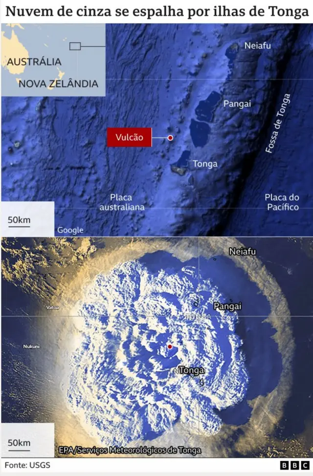 Mapa mostra nuvem de cinza se espalhando por ilhas de Tonga