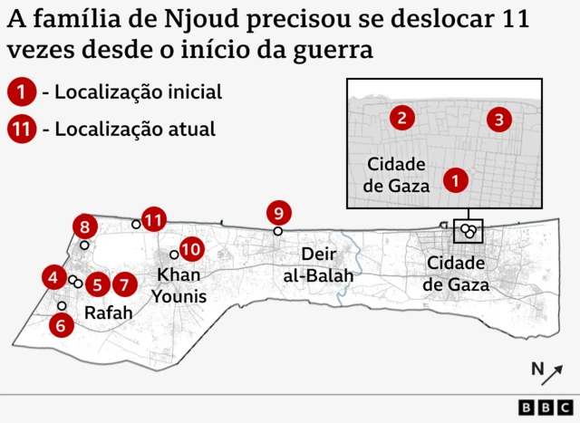 Mapa com pontos que ilustram 11 deslocamentos feitos pela família de Njoud