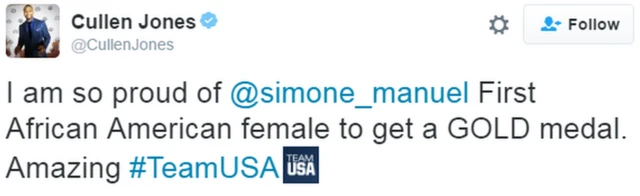 A tweet from Cullen Jones reads: "I am so proud of @simone_manuel First African American female to get a GOLD medal. Amazing #TeamUSA"