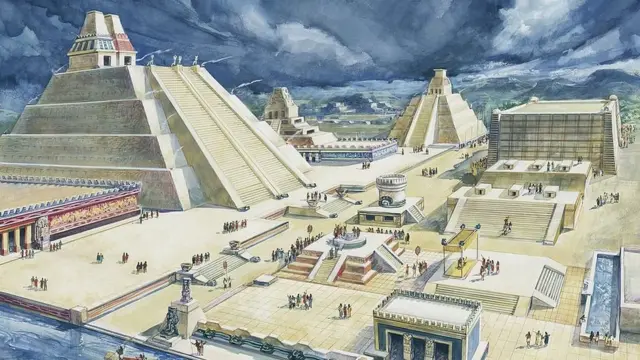 Ilustração colorida aproximadamente do ano 1900 mostra a praça central e o Templo Maior de Tenochtitlán no século 16