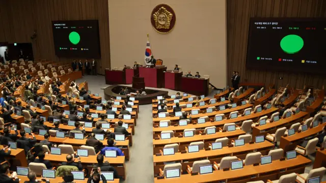 Une vue aérienne montre les législateurs assis dans la salle de vote de l'Assemblée nationale qui votent pour bloquer l'appel à la loi martiale lancé par le président Yoon.