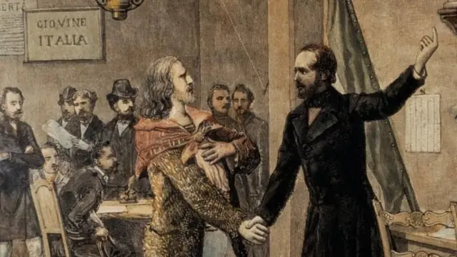 ilustração mostra primeiro encontro entre o jovem Garibaldi e o político republicano italiano Giuseppe Mazzini, na cidade francesa de Marselha, em 1833