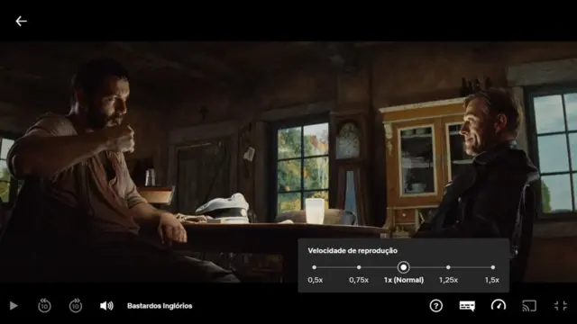 Reprodução de tela do Netflix com as opções de mudar a velocidade em cena do filme Bastardos Inglórios