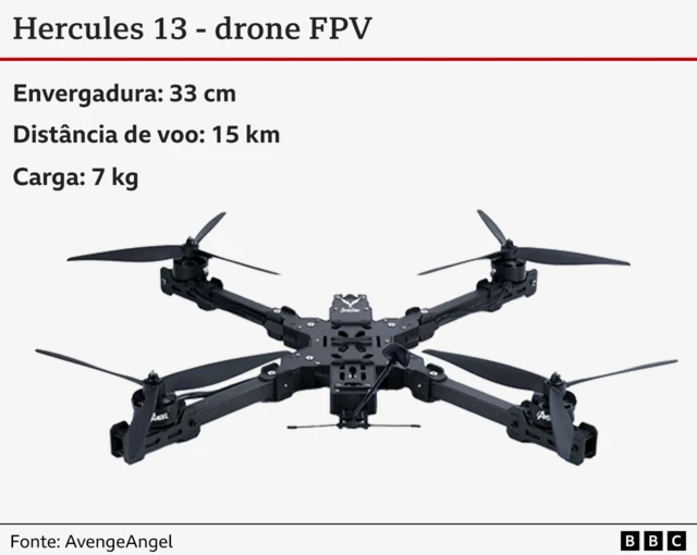 A imagem mostra um drone preto, com quatro hélices em cada ponta