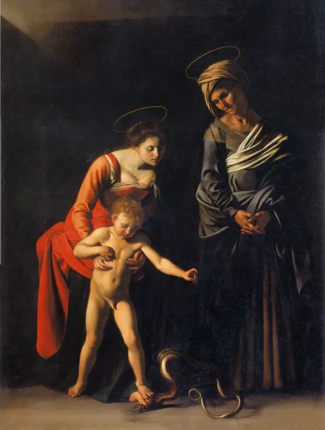 Maria e o menino Jesus em pintura de Caravaggio, 1606