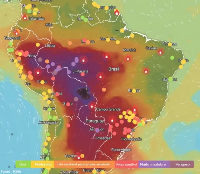 Mapa da plataforma suíça IQAir mostra onde a qualidade do ar é pior no Brasil