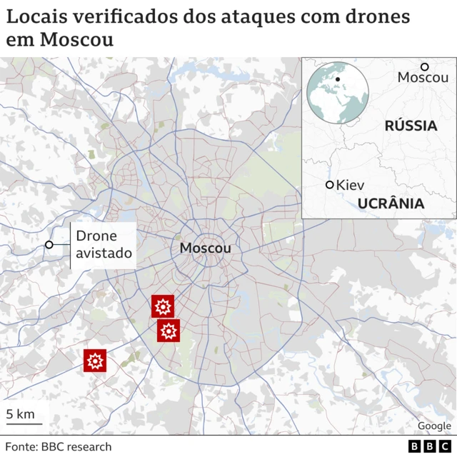 Mapa mostra locais dos ataques de drones em Moscou