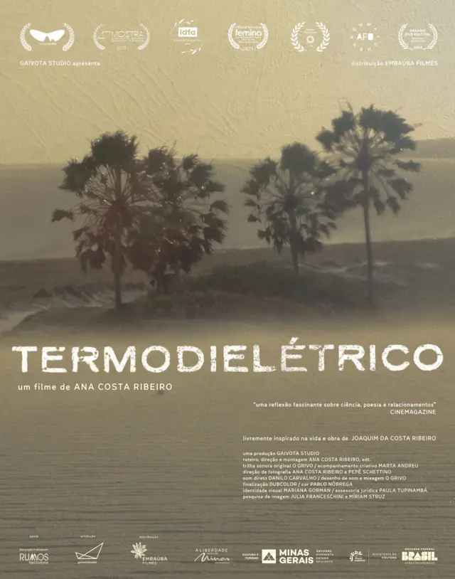 Pôster do filme "Termodielétrico", dirigido por Ana Costa Ribeiro. O pôster apresenta uma imagem com palmeiras ao fundo, com um tom sépia, evocando um clima nostálgico ou reflexivo. O texto sugere que o filme é "livremente inspirado na vida e obra de Joaquim da Costa Ribeiro" e traz elogios críticos, como "uma reflexão fascinante sobre ciência, poesia e relacionamentos" (Cinemagazine). O pôster também mostra vários logotipos de patrocinadores e festivais, indicando que o filme teve reconhecimento em eventos cinematográficos.