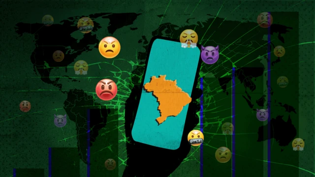 Mapa do brasil dentro de uma tela de celular, ao fundo gráficos e emojis de raiva