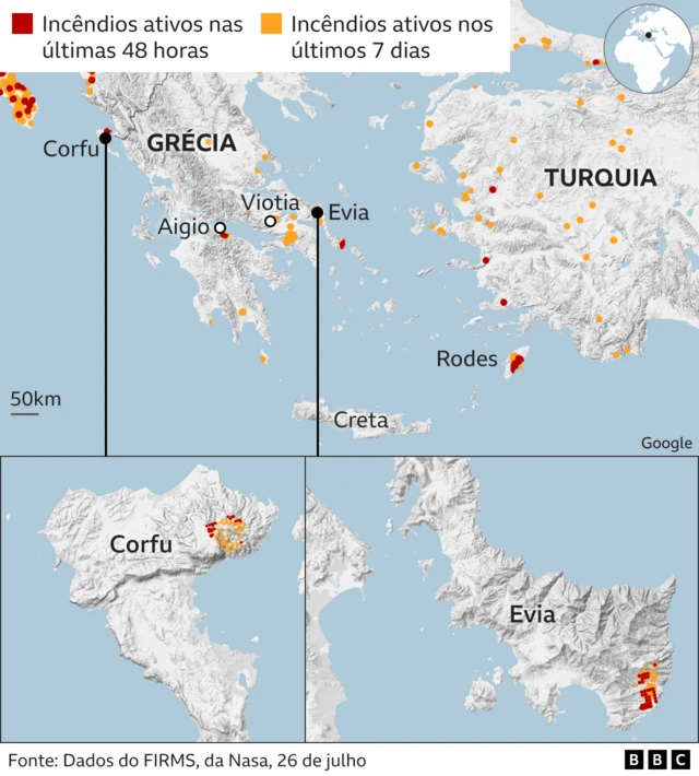 Mapas mostram evolução dos focos de incêndio na Grécia