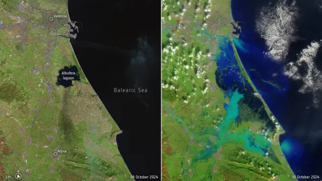 Antes e depois de imagem de satélite da região de Valência mostram água tomando conta 