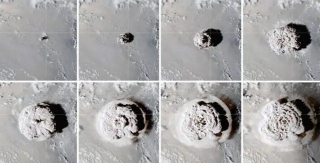 Imagens de satélite da erupção em expansão em 15 de janeiro de 2022