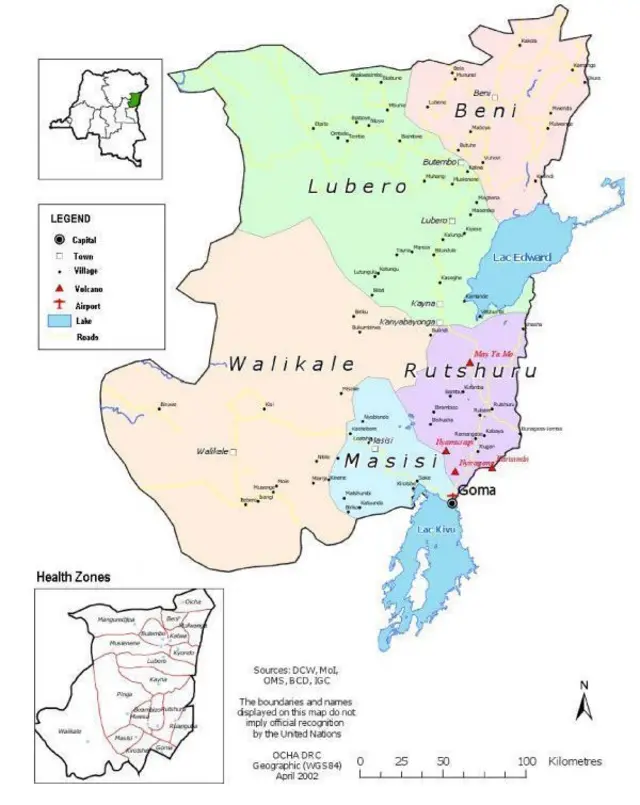 Ikarita igaragaza teritwari z'intara ya Kivu ya Ruguru mu burasirazuba bwa DR Congo