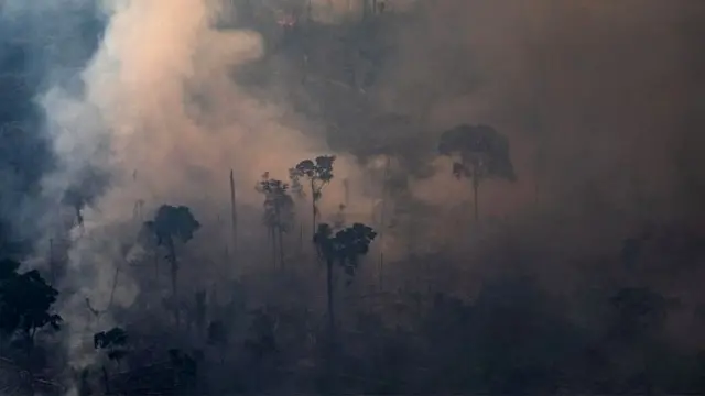 Foto aérea mostra floresta amazônica sendo queimada, repleta de fumaça