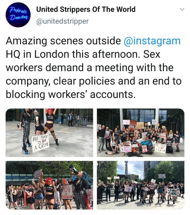 Post mostra quatro imagens de protesto em frente à sede do Instagram em Londres