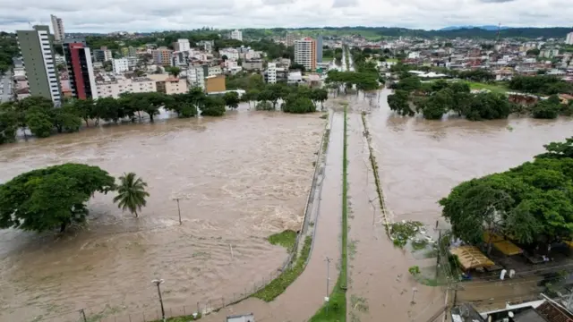 Árvores e prédios sob água