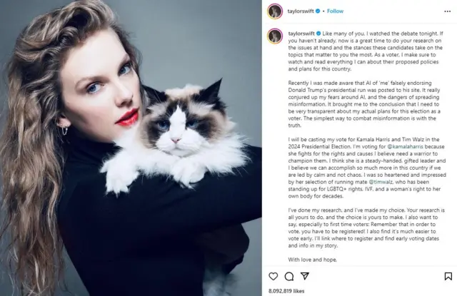 Post de Taylor Swift no Instagram anunciando apoio a Kamala Harris