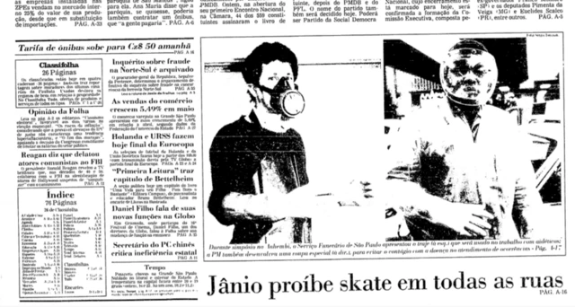 Reprodução de capa do jornal Folha de S. Paulo, em edição de 25 de junho de 1988, com notícia sobre a proibição do skate por Jânio Quadros