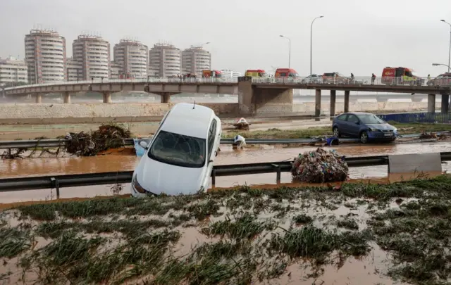 Carros arrastados para margem de rio alagado