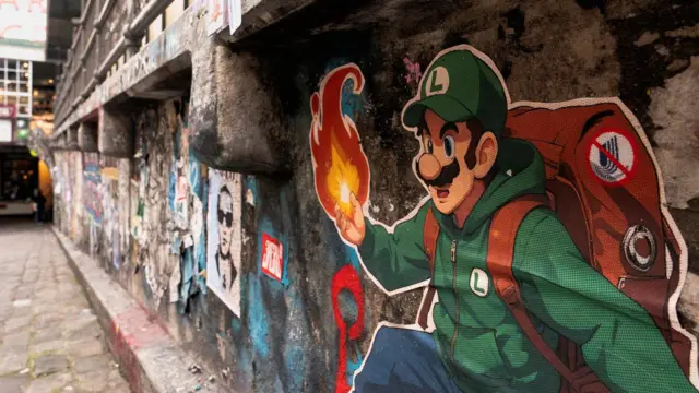 Arte de rua em Seattle, EUA, retratando o personagem de videogame Luigi e um logotipo riscado da UnitedHealthcare, fazendo referência a Luigi Mangione