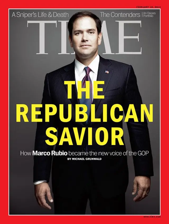 Marco Rubio na capa da revista Time, com título 'O salvador republicano'