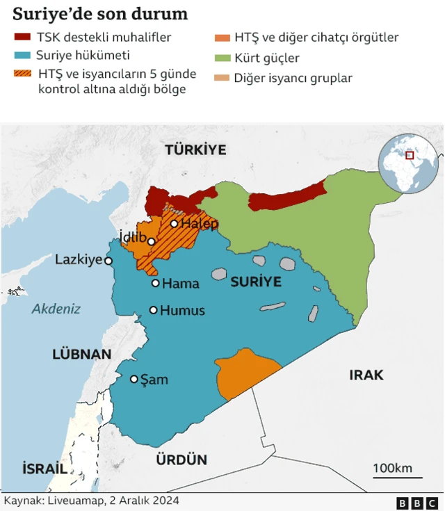 Suriye'de hangi bölgelerin kimin kontrolünde olduğunu gösteren harita