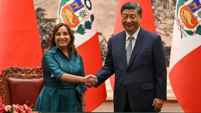 A presidente do Peru, Dina Boluarte, e o presidente da China, Xi Jinping, apertam as mãos em recente reunião em Pequim