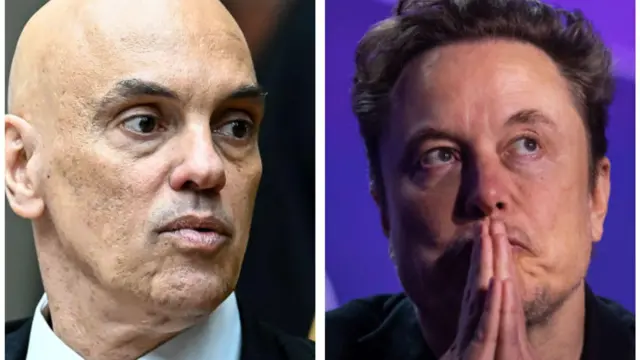 Alexandre de Moraes, ministro do STF, à esquerda, e Elon Musk, à direita.