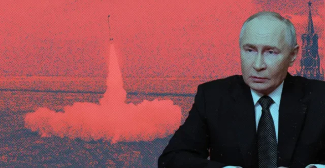 Vladimir Putin em uma montagem de fundo vermelho com um míssil