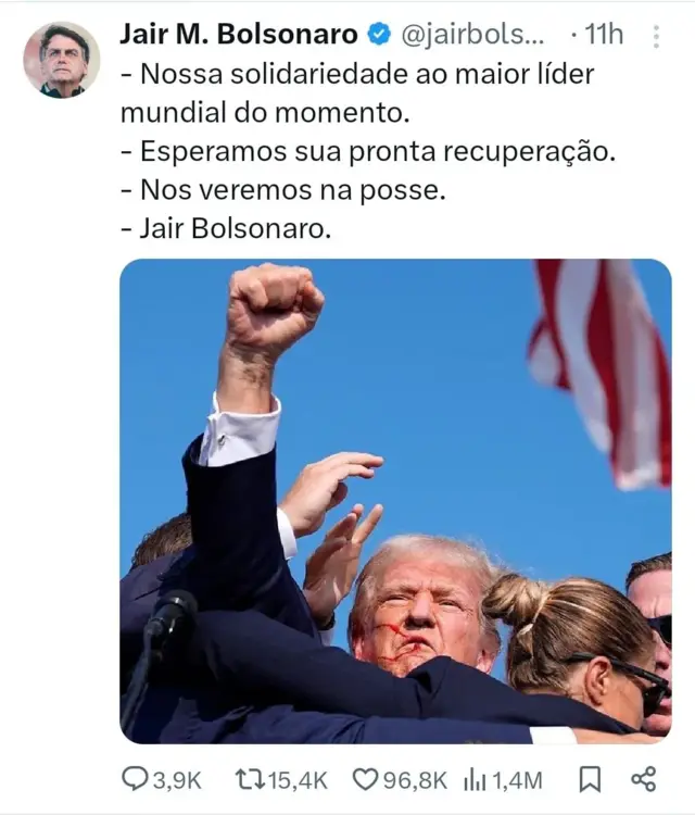 Tuíte de Jair Bolsonaro sobre atentado contra Trump