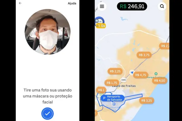 Reprodução de duas telas do aplicativo. Em uma delas, Ilan aparece em foto com máscara facial. A outra tela mostra mapas com os valores de trajetos