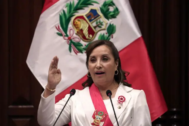 Dina Boluarte discursando em frente a bandeira 