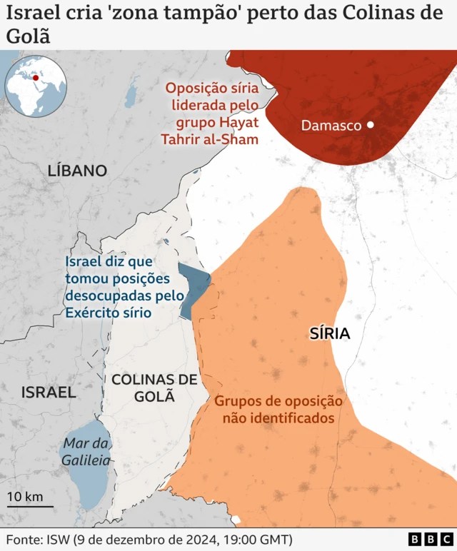 Mapa mostrando onde as forças rebeldes estão na Síria e na região das Colinas de Golã que Israel ocupou recentemente