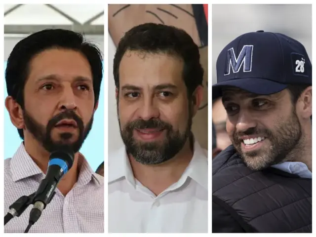 Montagem com imagens dos candidatos a prefeito de São Paulo Ricardo Nunes, Guilherme Boulos e Pablo Marçal