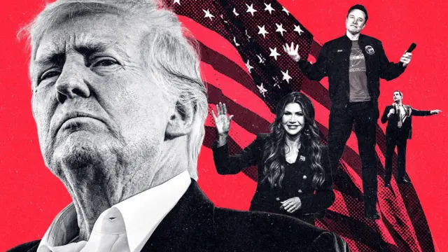 Presidente Trump. Atrás dele está a bandeira americana e figuras políticas proeminentes: Kristi Noem, secretária de segurança interna. Elon Musk, eficiência do governo. Também, Marco Rubio, secretário de Estado.
 