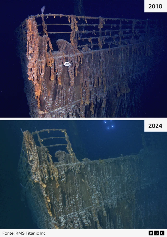 Comparação do naufrágio do Titanic em 2010 e 2024