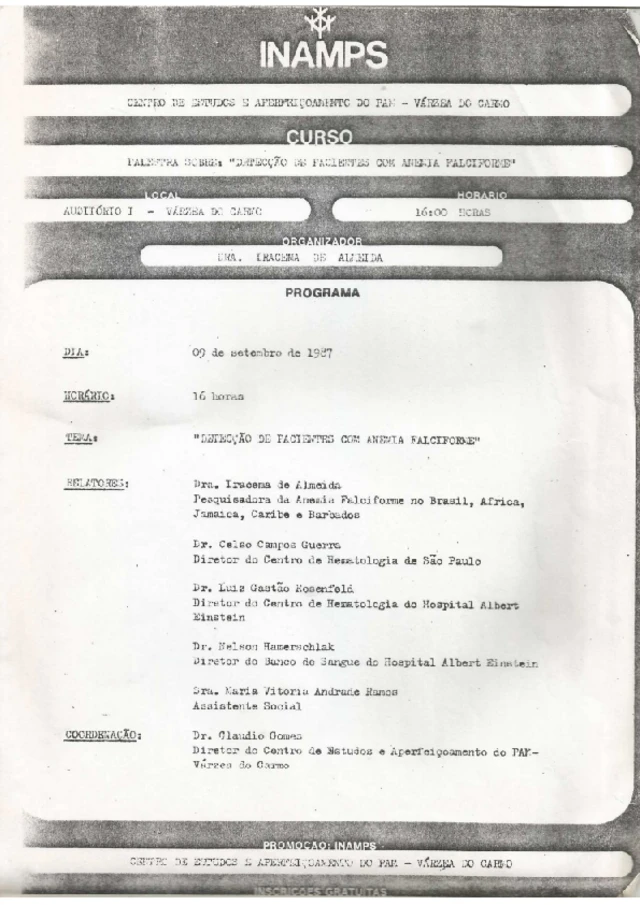 Prospecto de palestra sobre 'Detecção de anemia falciforme em pacientes', com a participação de Iracema de Almeida, creditada como 'pesquisadora de anemia falciforme no Brasil, África, Jamaica, Caribe e Barbados', realizada pelo Inamps em setembro de 1987